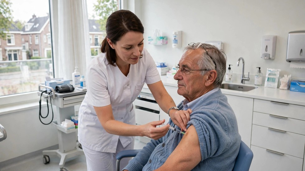 Verpleegkundige die een griepvaccinatie toedient in een Nederlandse huisartsenpraktijk