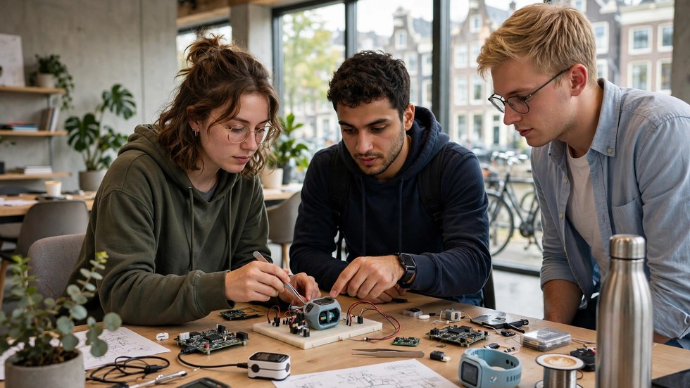 Jonge ondernemers werken aan een healthtech-prototype in een Nederlandse startup-hub