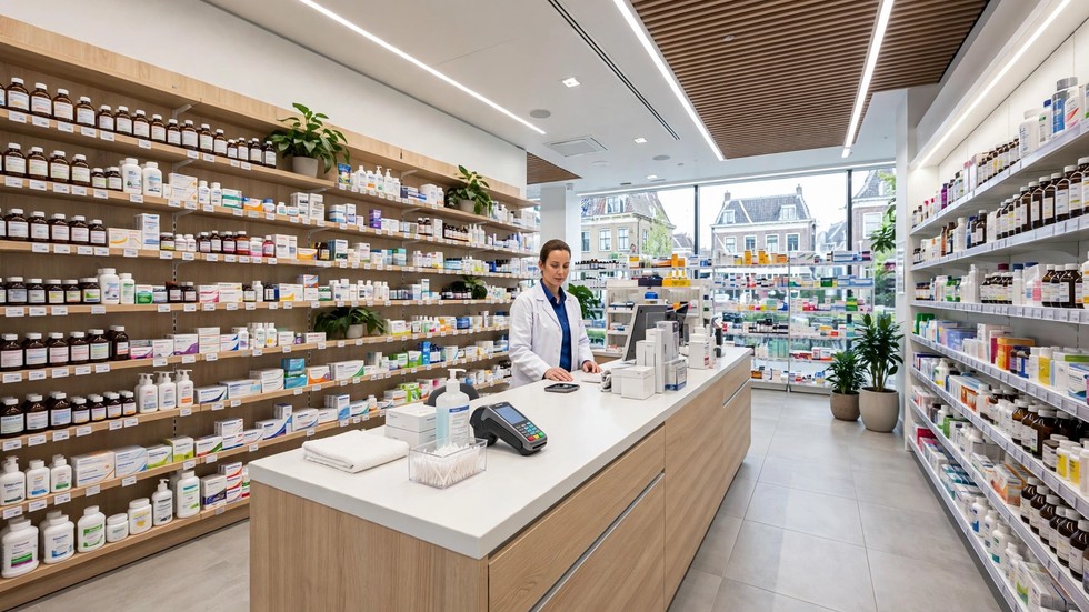 Moderne apotheek in Nederland met medicijnschappen en een apothekersassistent achter de balie