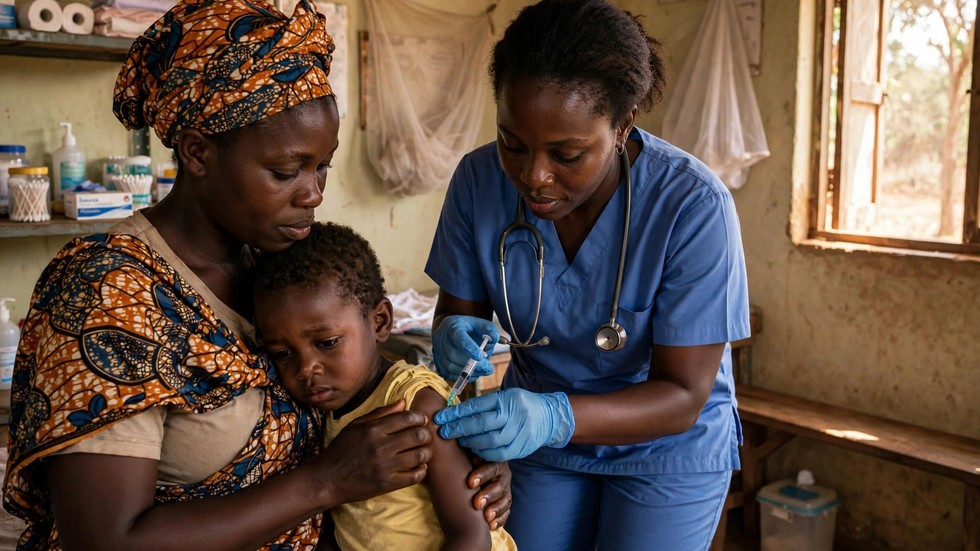 Zorgverlener vaccineert een jong kind tegen malaria in een kliniek in Afrika