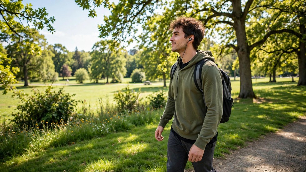 Iemand luistert met oordopjes naar een podcast tijdens een wandeling in het park