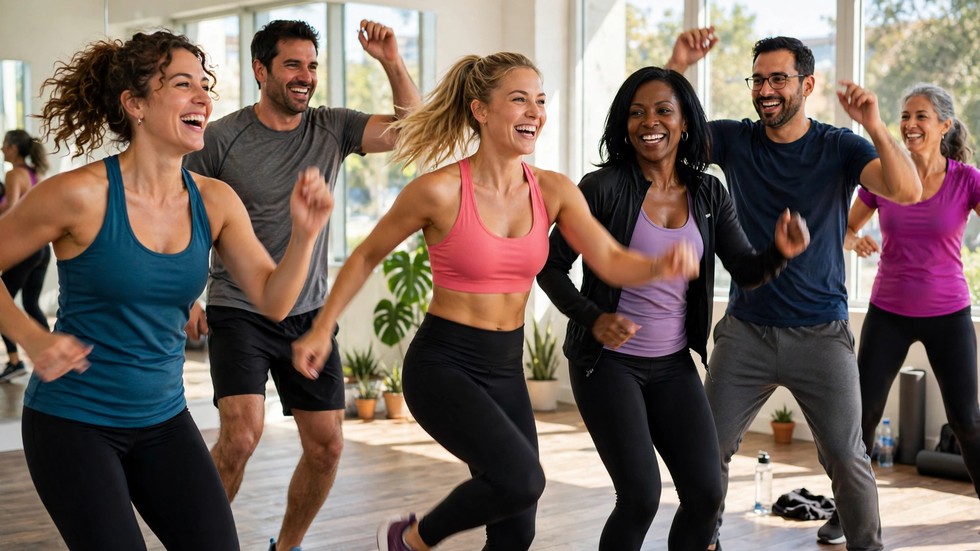 Vrolijke groep mensen die danst tijdens een Zumba-les in een lichte dansstudio