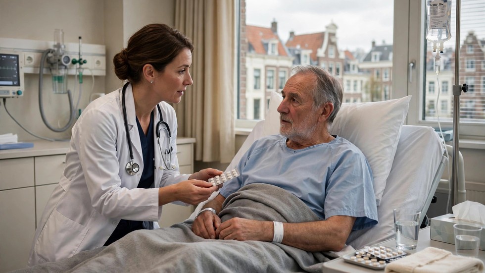 Arts in een Nederlands ziekenhuis bekijkt een antibioticakuur met een patiënt