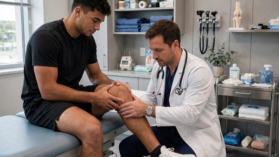 Sportarts die de knie van een sporter onderzoekt in een behandelkamer