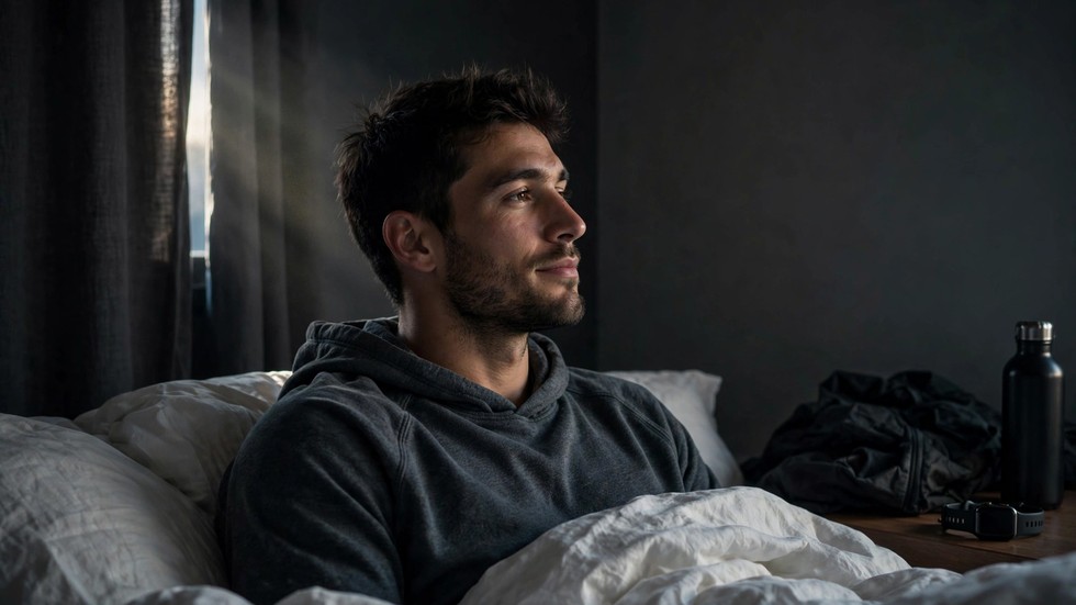 Uitgeruste sporter die 's ochtends wakker wordt in een donkere, rustige slaapkamer