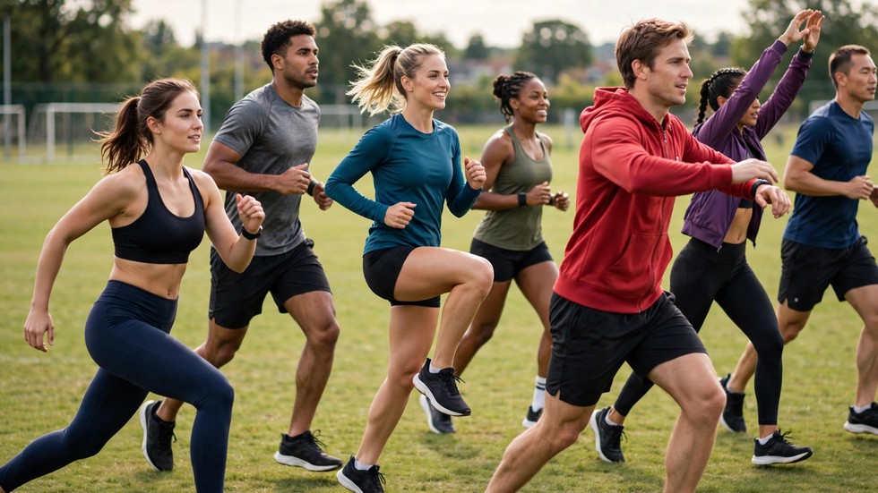 Warming-up sport: groep sporters die een dynamische warming-up doet op een sportveld
