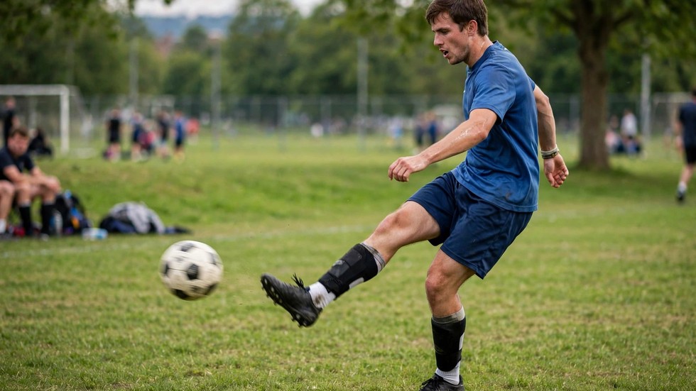 Voetbalblessure amateur: amateurvoetballer die een bal trapt op een groen voetbalveld