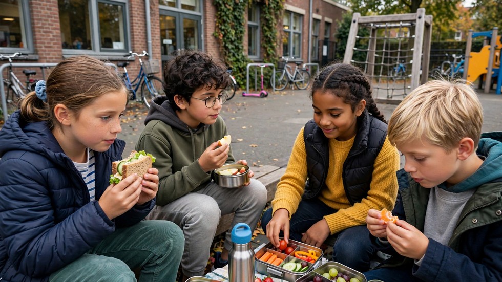 Kinderen die samen gezond lunchen op een Nederlands schoolplein