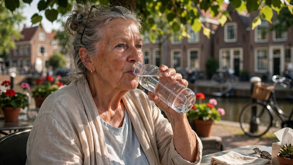 Oudere vrouw drinkt water in de schaduw tijdens een hittegolf in Nederland