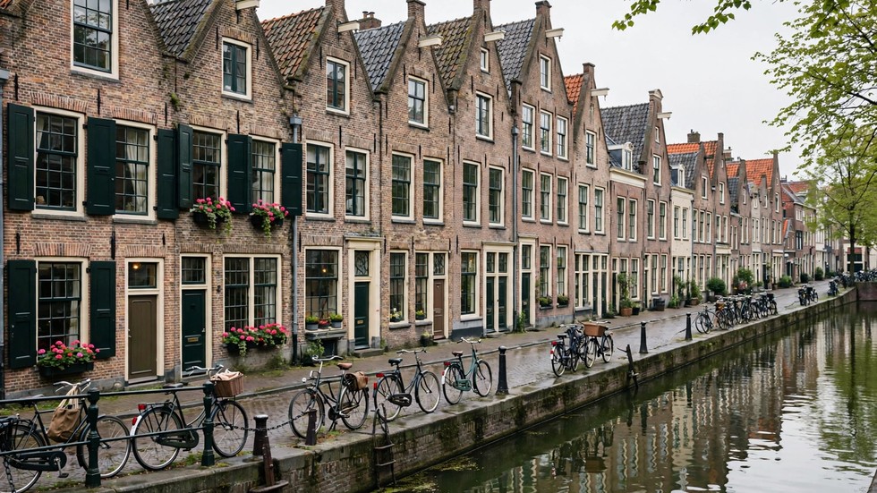 Huizenmarkt 2026: rijtje Nederlandse koopwoningen met te-koopbord in de voortuin