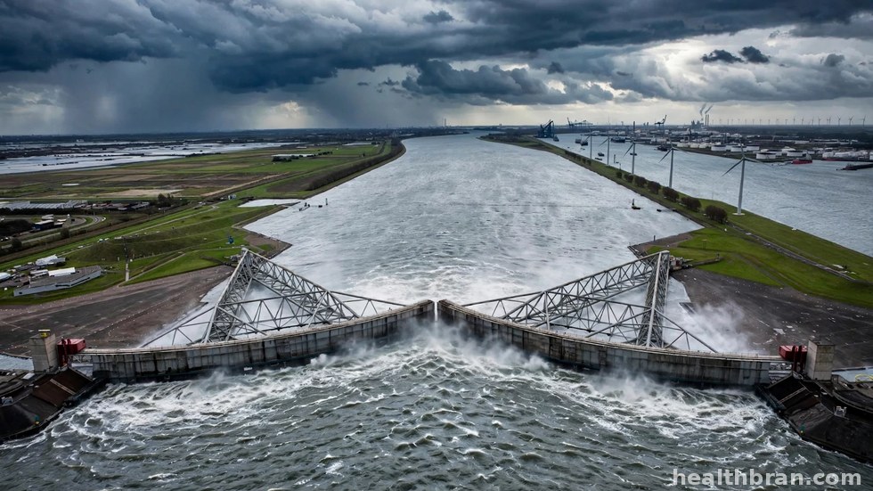 De stormvloedkering bij Rotterdam, een belangrijk onderdeel van de Nederlandse waterverdediging.