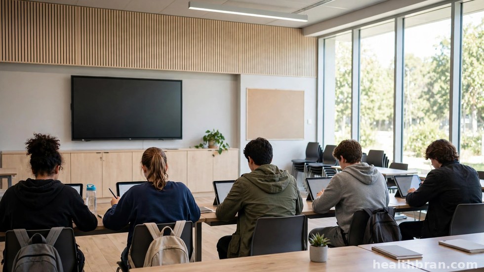 Een leraar legt iets uit bij het schoolbord terwijl leerlingen aandachtig meekijken.