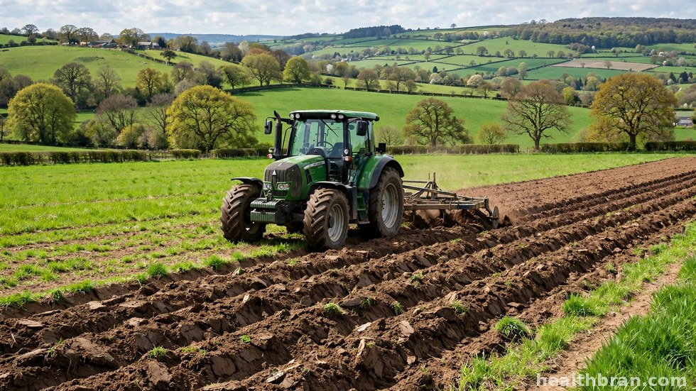 Een boer op een tractor bewerkt een groen akkerland tijdens het groeiseizoen.