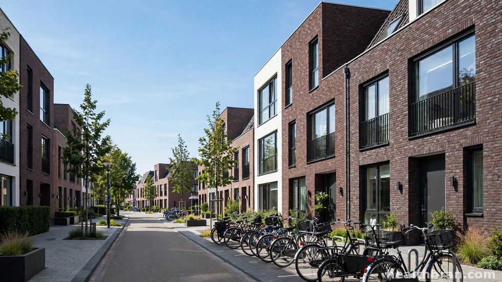 Rijtjeshuizen in een Nederlandse woonwijk op een zonnige dag.