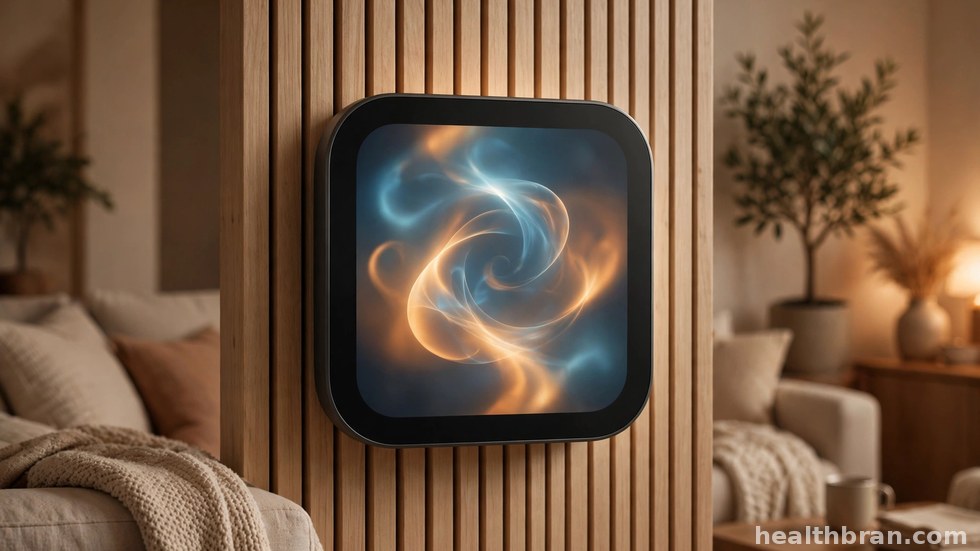 Een slimme thermostaat aan de muur in een moderne woonkamer.
