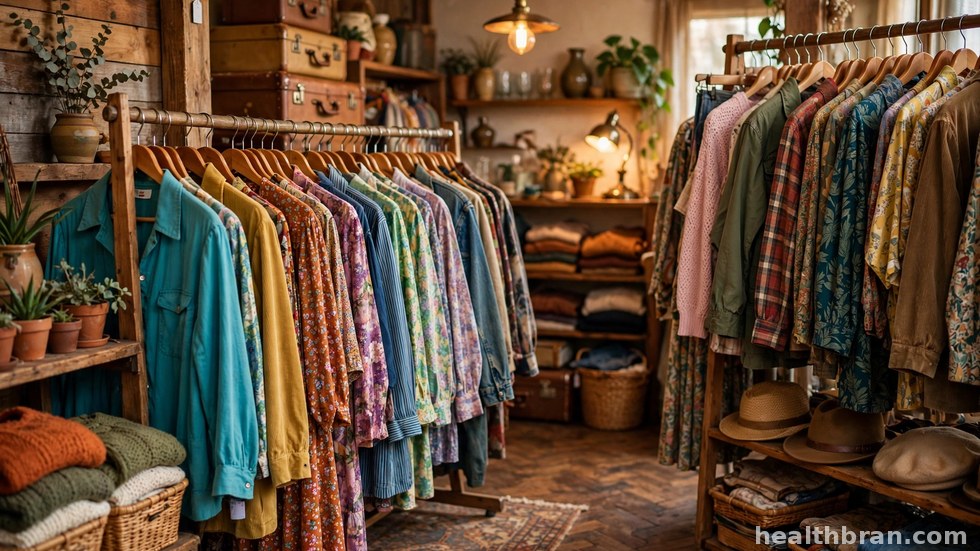Een rek vol vintage kleding op een tweedehandsmarkt.