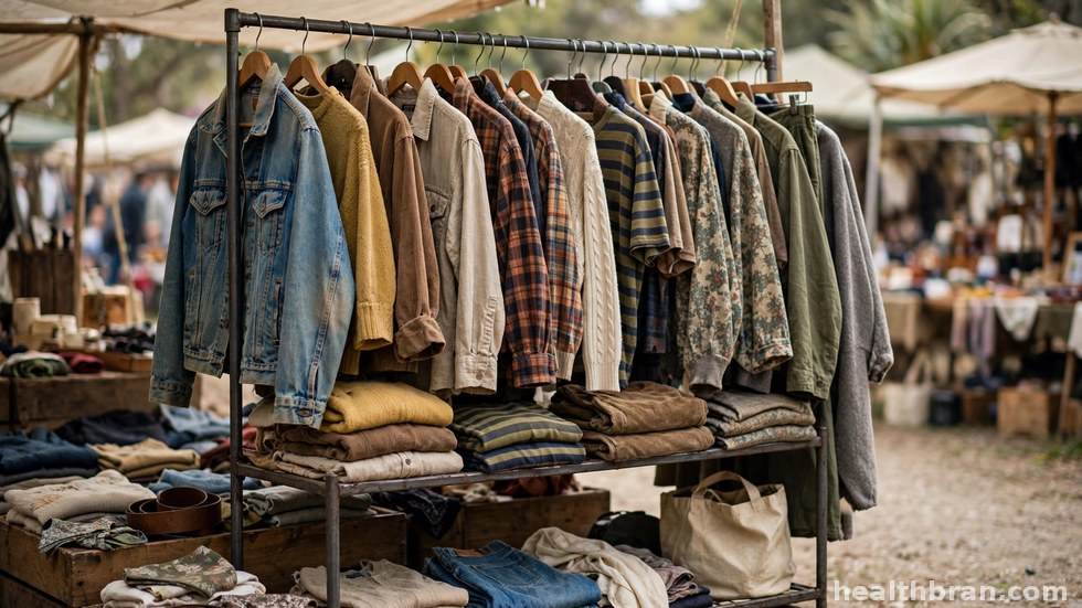 Een rek vol vintage kleding op een tweedehandsmarkt.