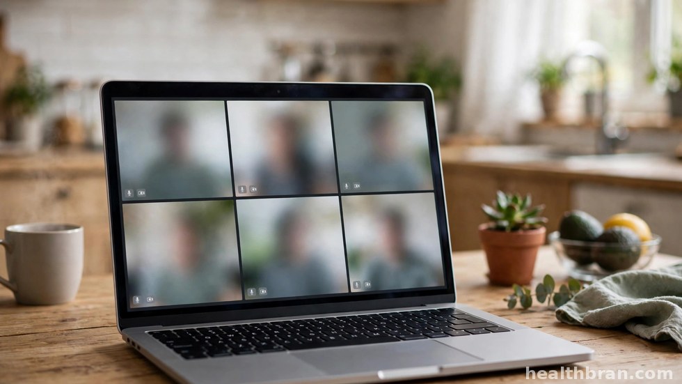 Een videovergadering op een laptop aan de keukentafel.