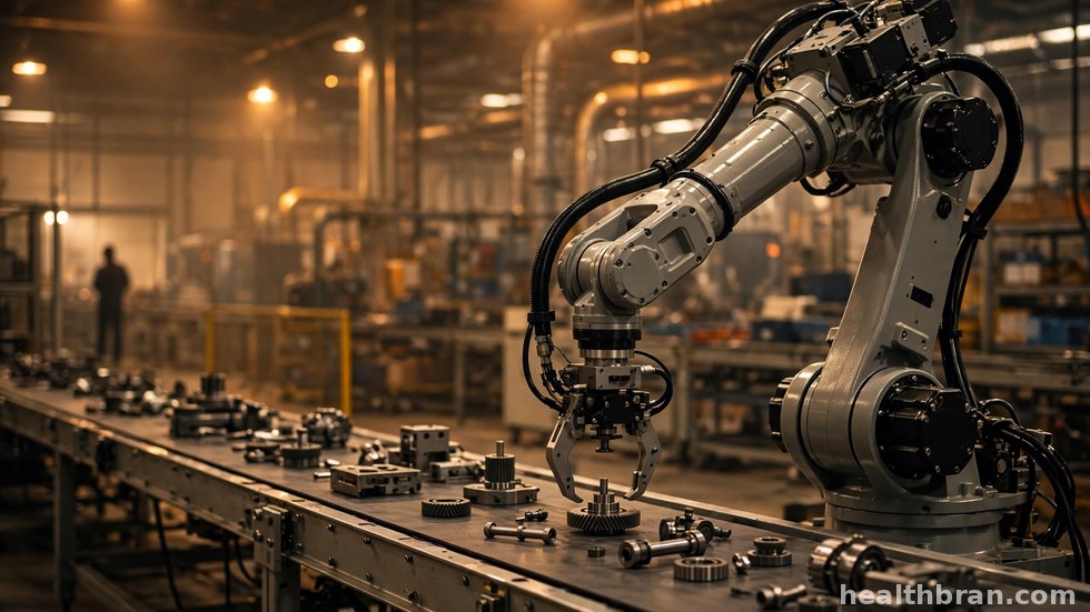 Een robotarm die samenwerkt met een medewerker in een moderne fabriek.
