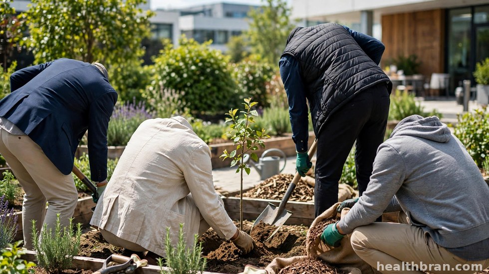 Medewerkers die samen een boom planten bij een duurzaam bedrijfspand.