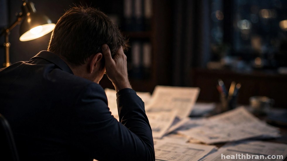Ondernemer die bezorgd financiële documenten doornemt aan een bureau.