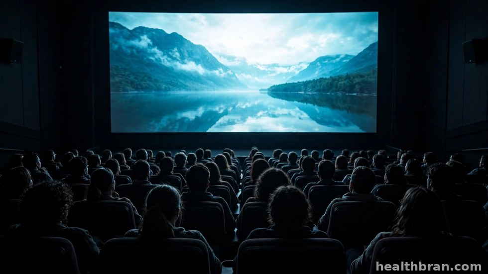 Bioscoopbezoekers die in een donkere zaal naar een film kijken.