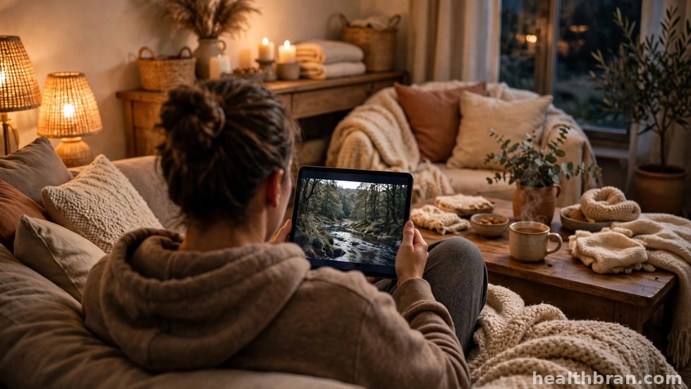 Iemand die ontspannen een documentaire kijkt op een tablet op de bank.