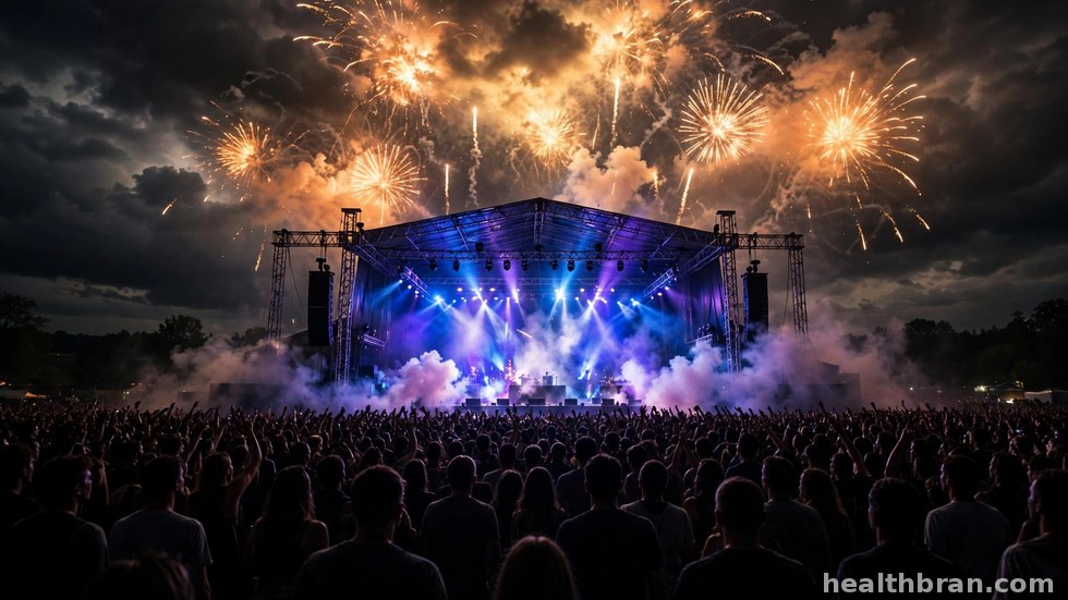 Festivalpubliek voor een groot podium met vuurwerk tijdens een danceshow.