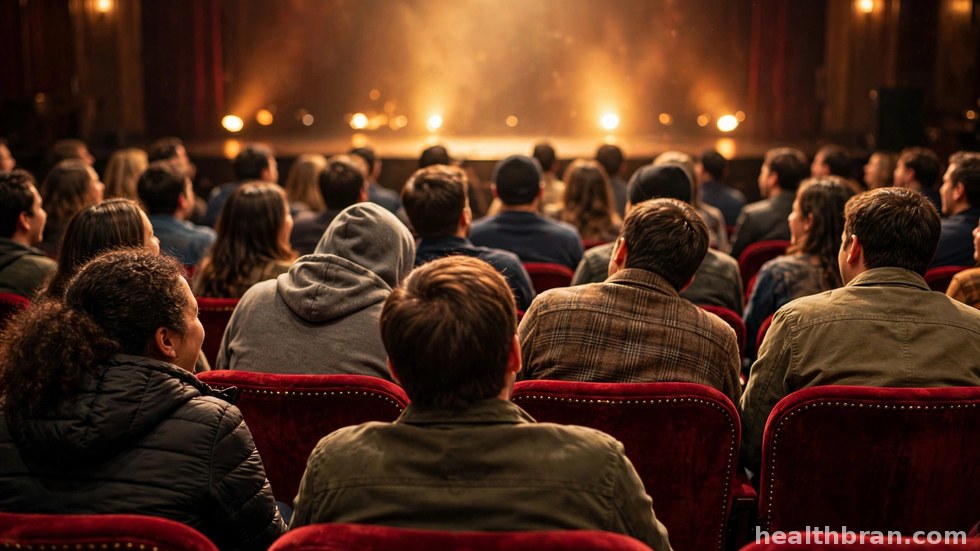 Lachend publiek in een uitverkocht theater tijdens een cabaretvoorstelling.