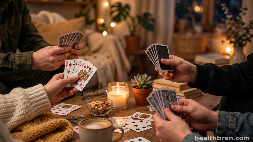 Vrienden spelen samen een kaartspel aan de eettafel in de woonkamer.