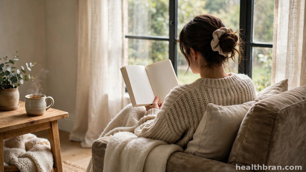 Iemand leest ontspannen een papieren boek in een fauteuil bij het raam.