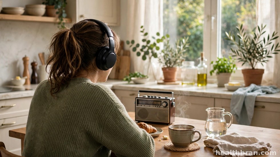 Iemand luistert met een koptelefoon naar de radio tijdens het ontbijt.