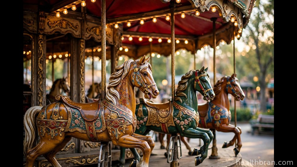Een gezin heeft plezier in een draaimolen in een Nederlands pretpark.