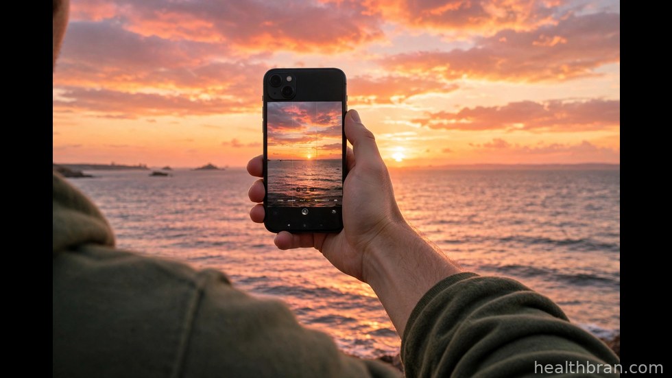 Iemand maakt met een smartphone een foto van een zonsondergang.